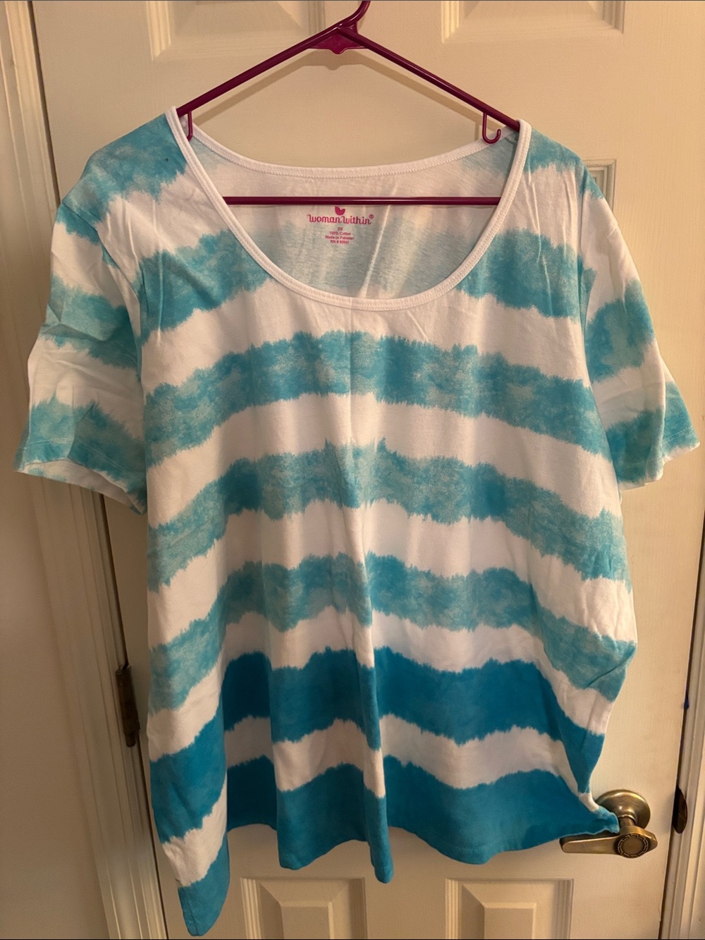 Woman Within Aqua & White Scoop Neck Cotton Top